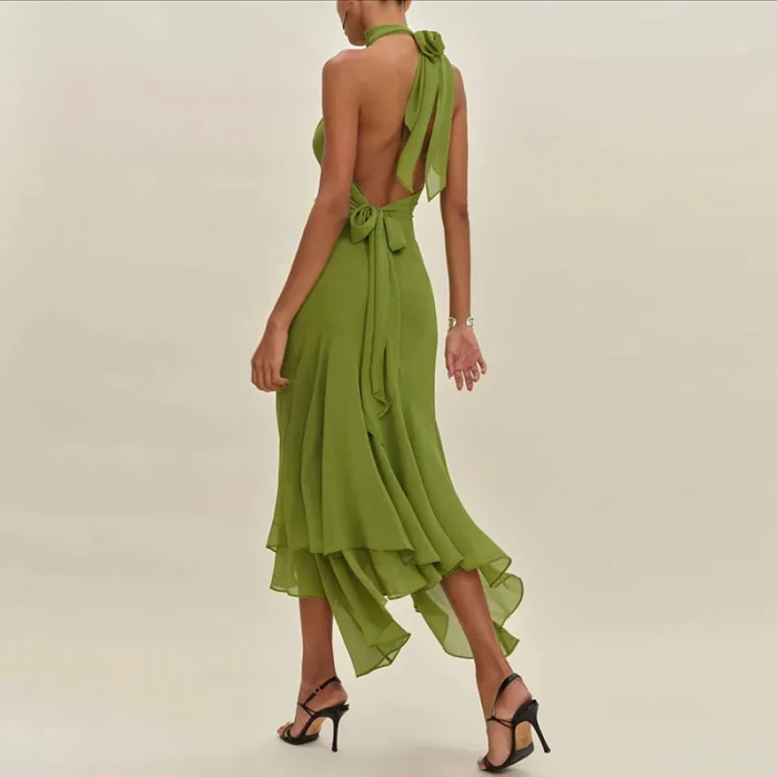 Trendy Clothes Woman Elegant Tie-up Ruffle Irregular Dress Sexy Pure Slim Fit  Midi Dresses Backless Hollow Party Dress
