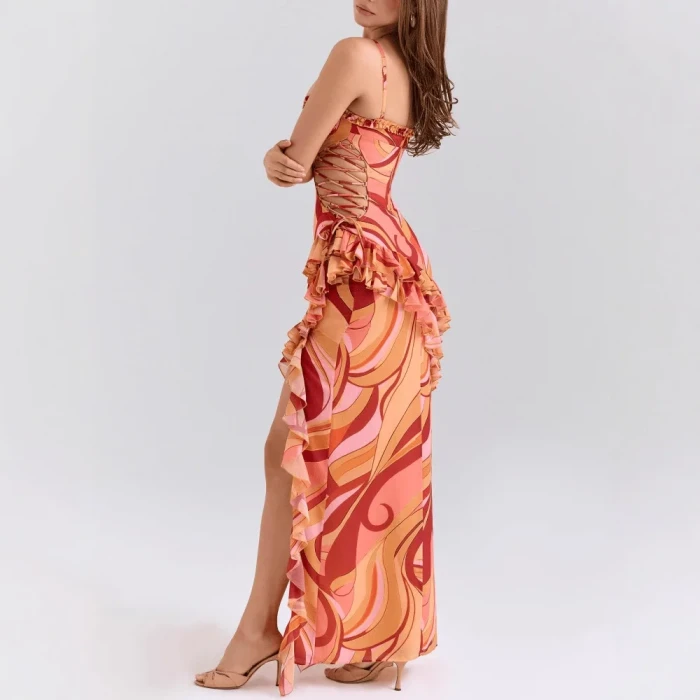 Sexy Print Belted Bared Waist Pleated Slit Halter Dress Cross-Border Independent Station Women's Clothing Ankle-Length Gown