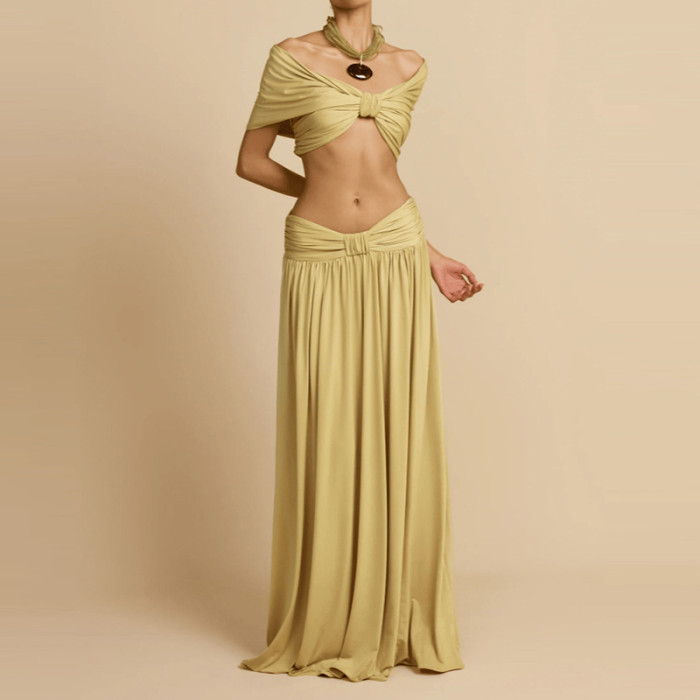 Elegant Off Shoulder Sleeveless Long Skirt Set Women's Sexy Draped Solid Color 2Pc Outfits Fashion Hight Waist Party Skirt Suit