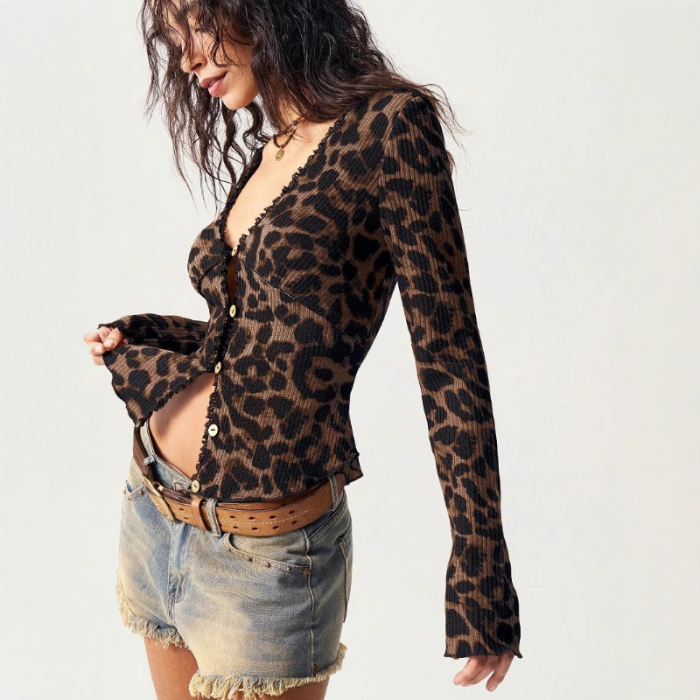 Spring and Autumn New Fashion Leopard Pattern Cardigan Vintage All Match Elegant Button Women Popularity V-neck Top