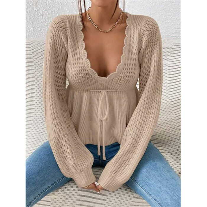 Loose V-neck Drawstring Tie-up Hem with Ruffled Knit Pullover Sweater