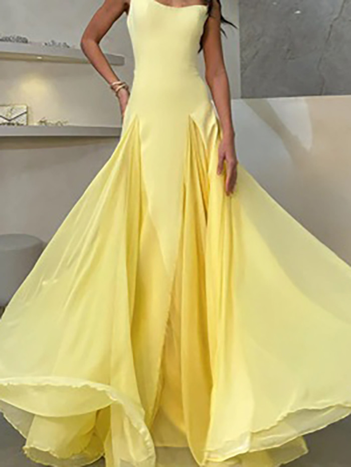 Spring Summer Minimally Designed Party Dresses Mesh Patchwork High Waisted Robe Dress Fashion Off Shoulder Suspender Long Dress