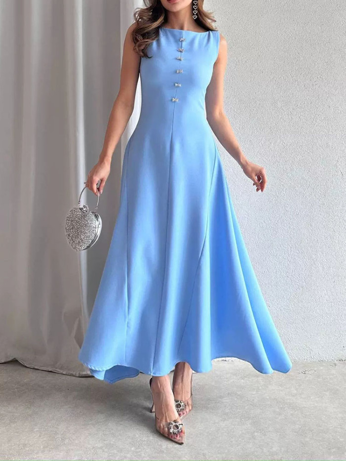 Elegant O-Neck Sleeveless A-Line Dress Fashion Button Hight Waist Solid Color Dress Women's Casual Commuting Long Party Dresses