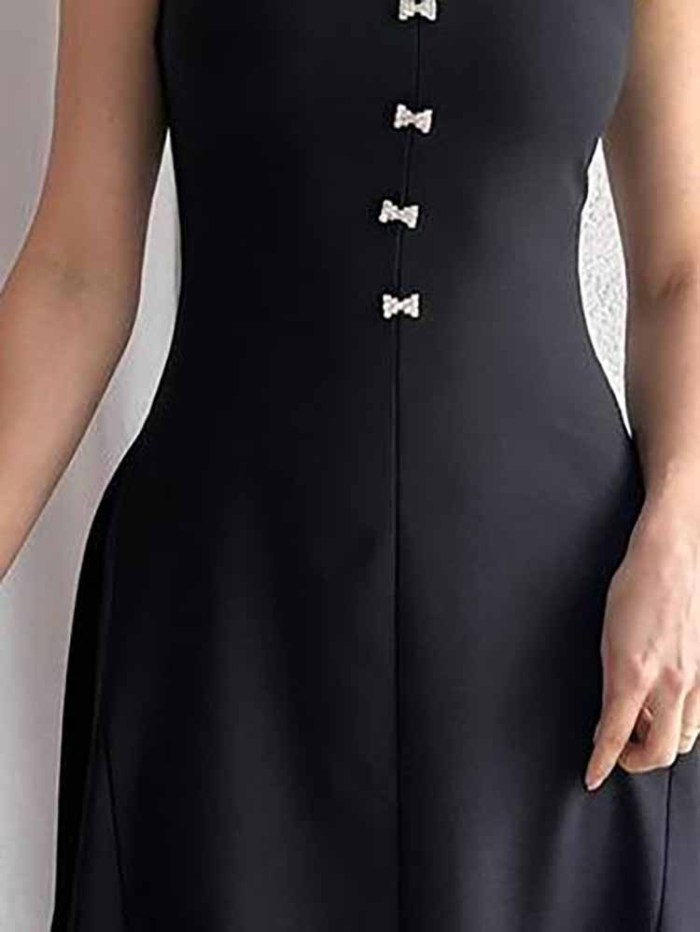 Elegant O-Neck Sleeveless A-Line Dress Fashion Button Hight Waist Solid Color Dress Women's Casual Commuting Long Party Dresses