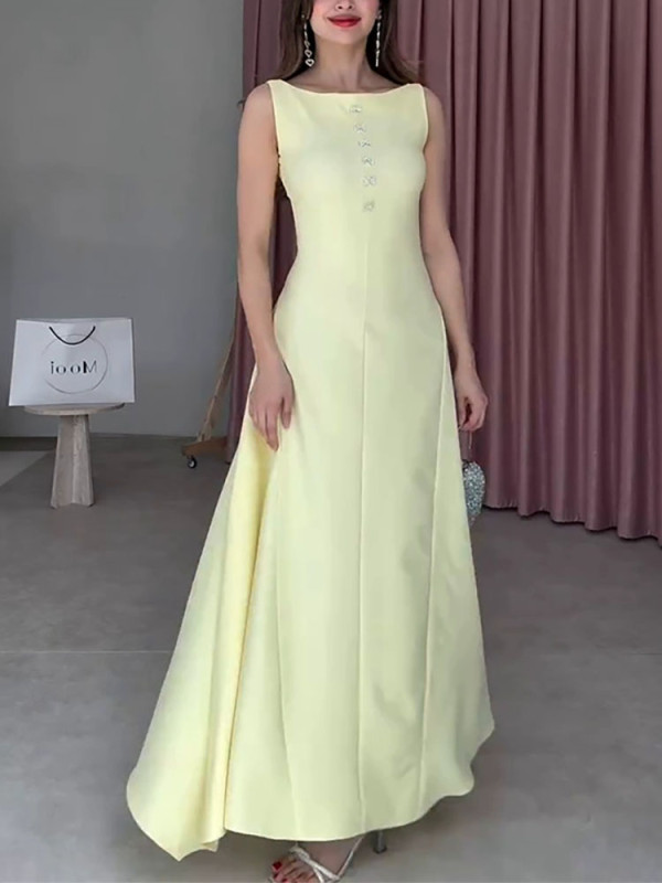 Elegant O-Neck Sleeveless A-Line Dress Fashion Button Hight Waist Solid Color Dress Women's Casual Commuting Long Party Dresses