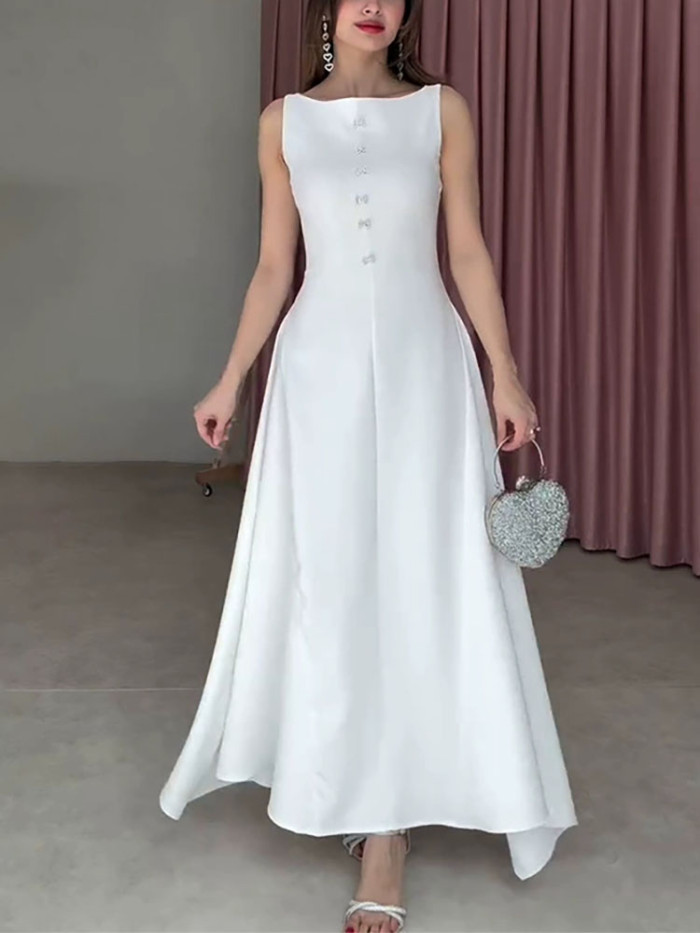 Elegant O-Neck Sleeveless A-Line Dress Fashion Button Hight Waist Solid Color Dress Women's Casual Commuting Long Party Dresses