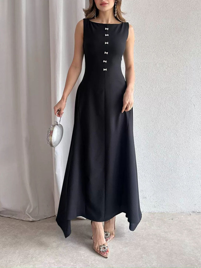 Elegant O-Neck Sleeveless A-Line Dress Fashion Button Hight Waist Solid Color Dress Women's Casual Commuting Long Party Dresses