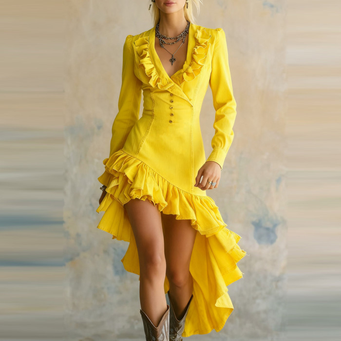 Fashion Irregular Hem Slim Party Dress Lady Solid Color Button Commuting Short Dress Sexy V-neck Long Sleeve Ruffles Denim Dress