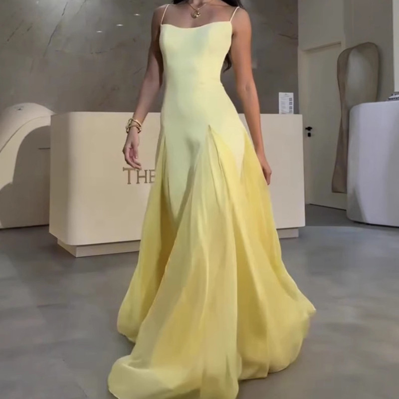Spring Summer Minimally Designed Party Dresses Mesh Patchwork High Waisted Robe Dress Fashion Off Shoulder Suspender Long Dress