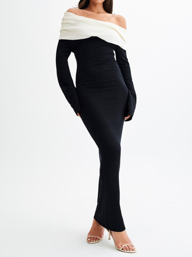 Fashion Color Blocking Hight Waist Long Dress Women's Casual Draped Skinny Dress Elegant Strapless Long Sleeve Knit Party Dress