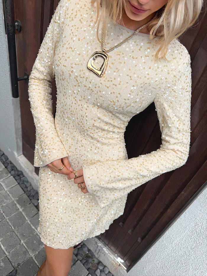 Fashion Shiny Sequins Knitted Party Dress Women Elegant O-neck Long Sleeve Mini Dress Casual Hight Waist Slim Short Dresses