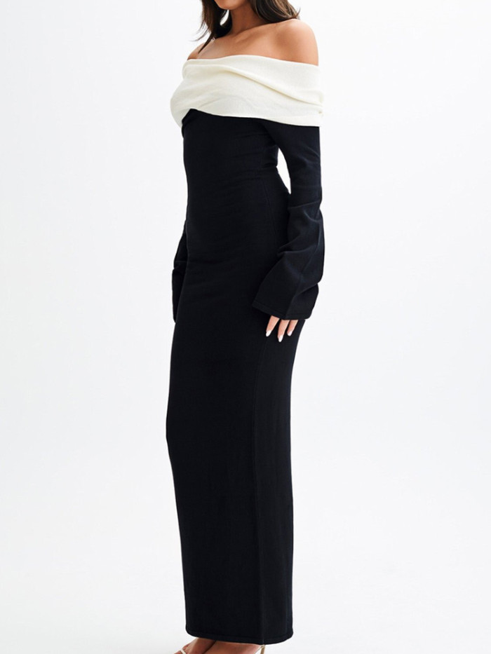 Fashion Color Blocking Hight Waist Long Dress Women's Casual Draped Skinny Dress Elegant Strapless Long Sleeve Knit Party Dress