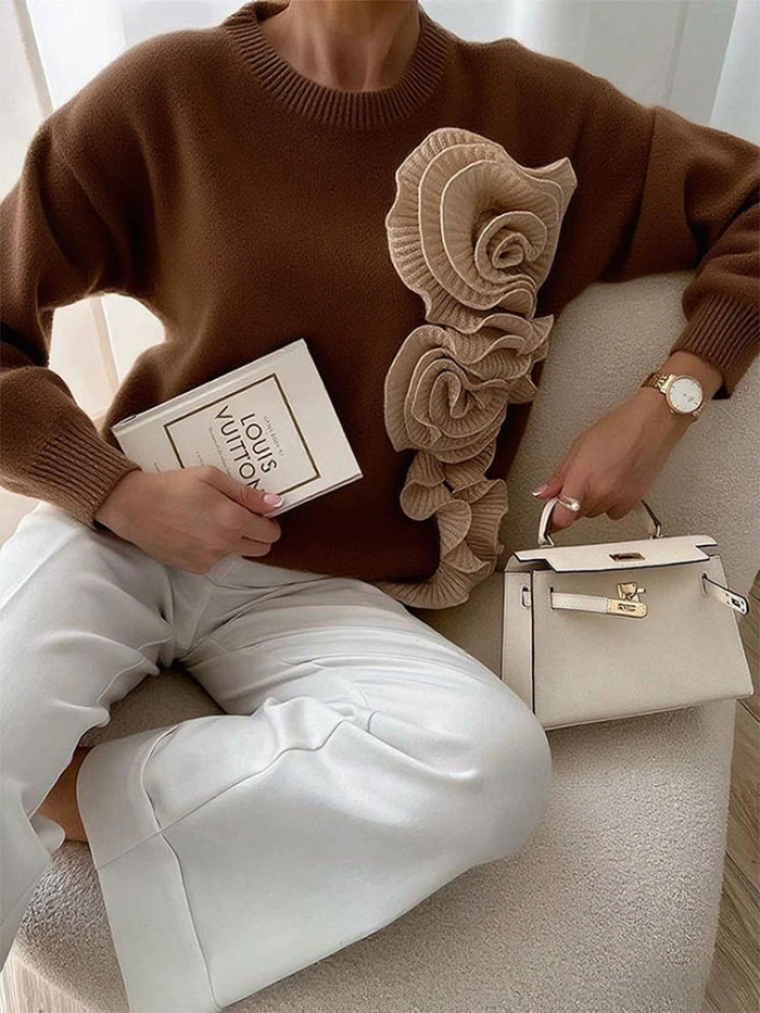 Fashion Dimensional Flower Contrasting Jumpers Autumn Casual Long Sleeve Solid Color Knitted Winter Women Elegant O-neck Sweater