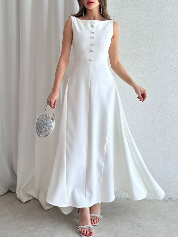 Elegant O-Neck Sleeveless A-Line Dress Fashion Button Hight Waist Solid Color Dress Women's Casual Commuting Long Party Dresses