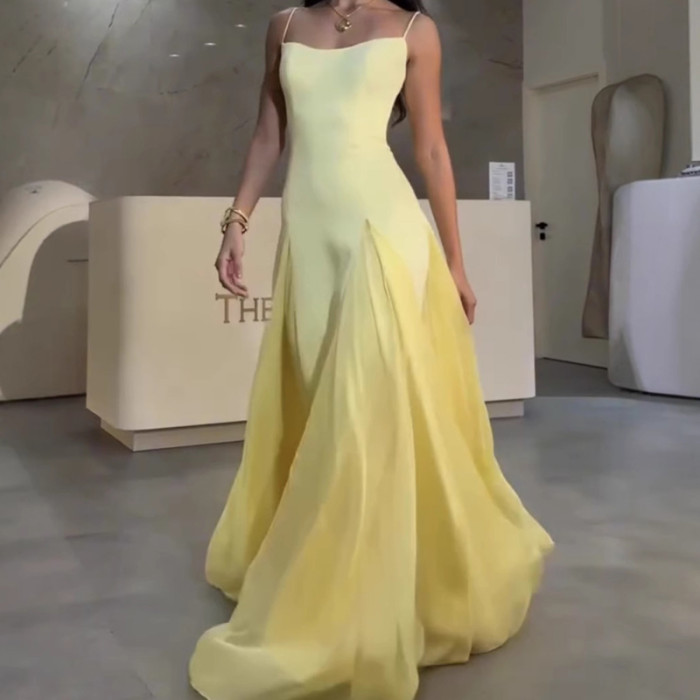 Spring Summer Minimally Designed Party Dresses Mesh Patchwork High Waisted Robe Dress Fashion Off Shoulder Suspender Long Dress