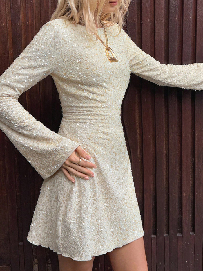 Fashion Shiny Sequins Knitted Party Dress Women Elegant O-neck Long Sleeve Mini Dress Casual Hight Waist Slim Short Dresses