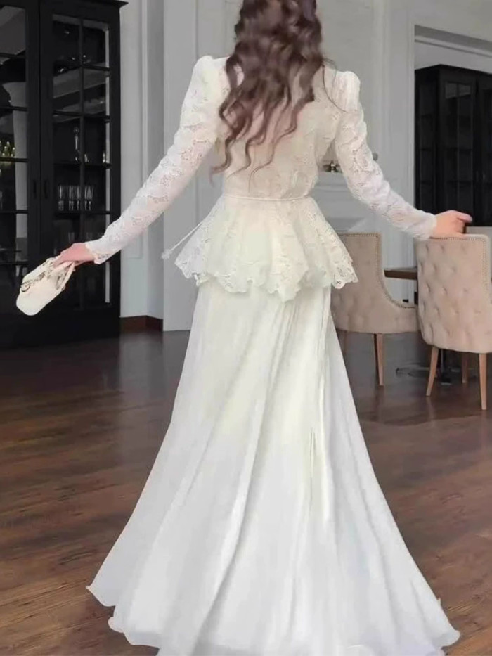 Women Elegant Hight Waist Evening Dresses Elegant Lace Embroidery Solid Gowns Dress Sexy V-neck Long Sleeves Draped Party Dress