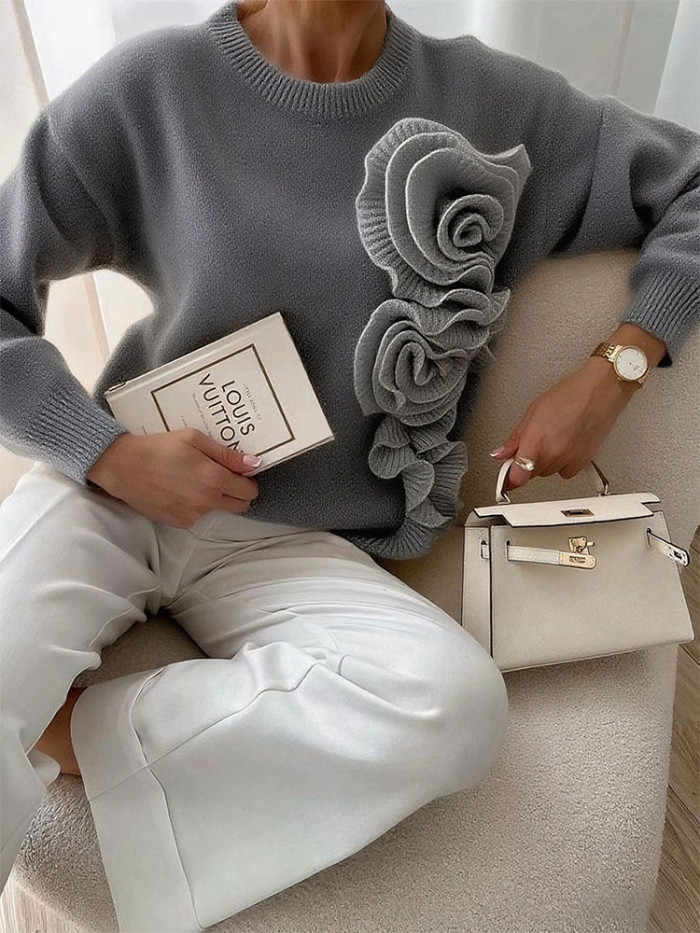 Fashion Dimensional Flower Contrasting Jumpers Autumn Casual Long Sleeve Solid Color Knitted Winter Women Elegant O-neck Sweater