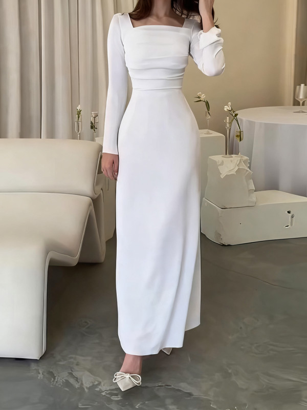 White Slim High Waist Banquet Dress Temperament Women Long Sleeve Party Maxi Dresses Fashion Square Collar Pleated Evening Dress