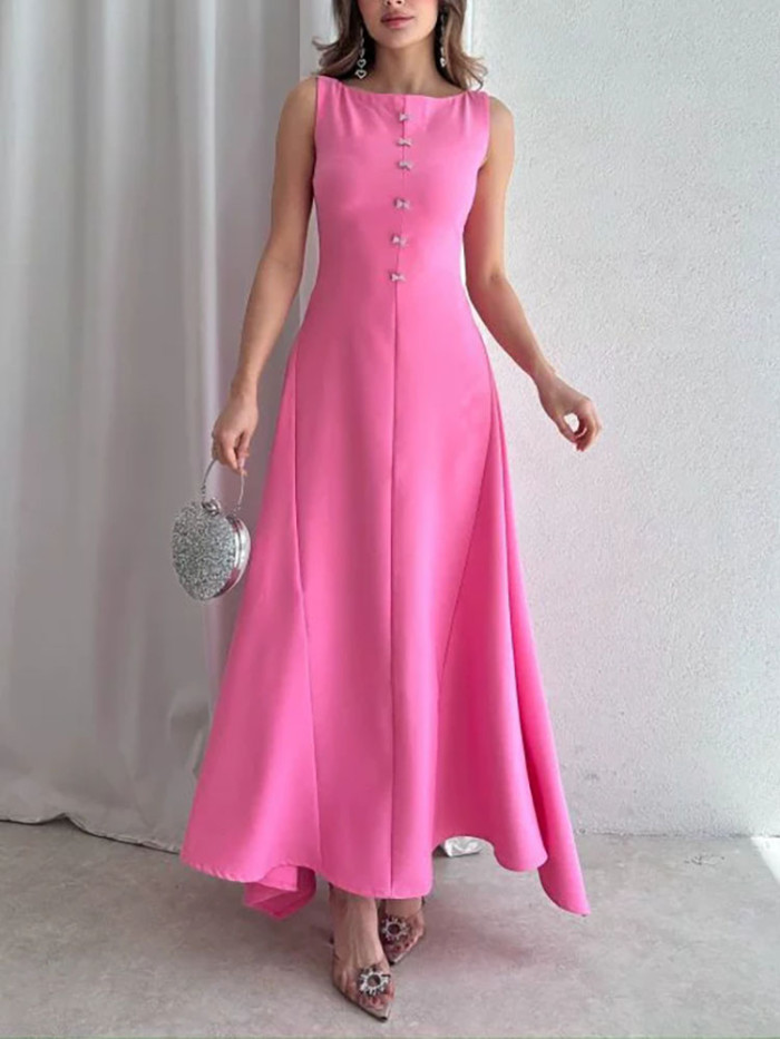 Elegant O-Neck Sleeveless A-Line Dress Fashion Button Hight Waist Solid Color Dress Women's Casual Commuting Long Party Dresses