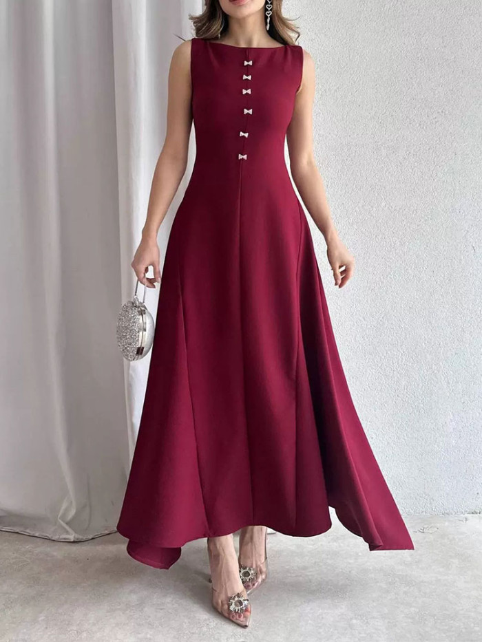 Elegant O-Neck Sleeveless A-Line Dress Fashion Button Hight Waist Solid Color Dress Women's Casual Commuting Long Party Dresses