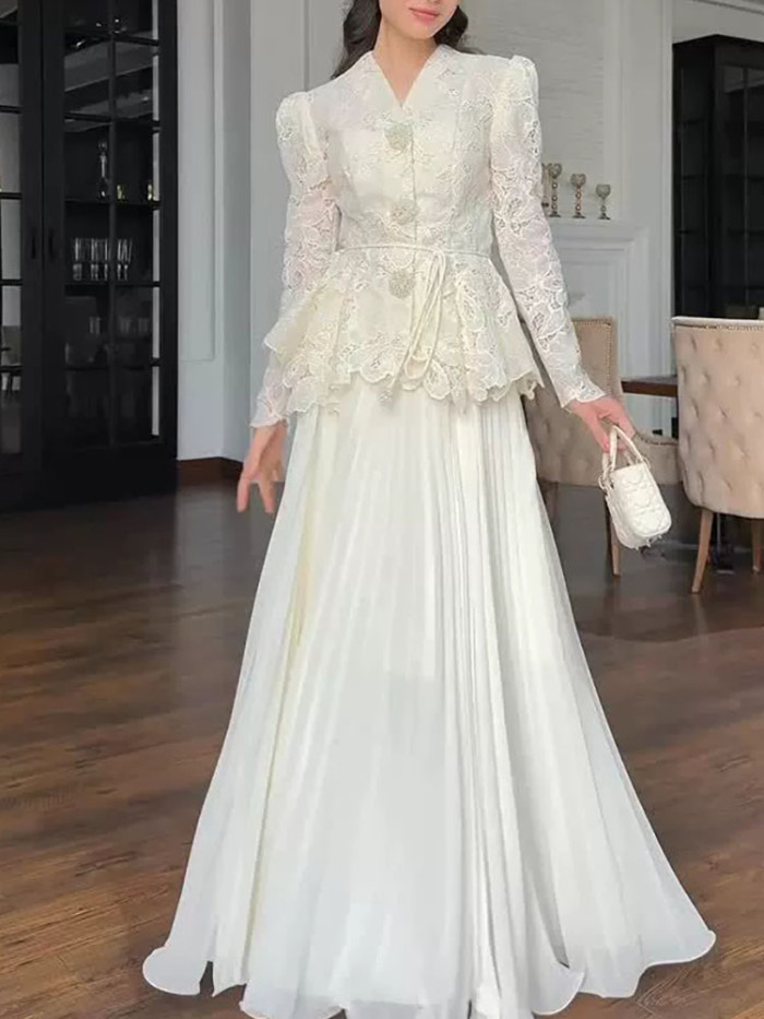 Women Elegant Hight Waist Evening Dresses Elegant Lace Embroidery Solid Gowns Dress Sexy V-neck Long Sleeves Draped Party Dress