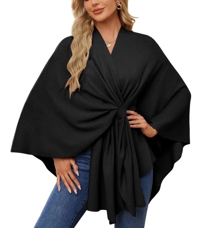 Elegant Soft One-Piece Pure Color Ladies Shawl Jacket Coat Comfortable Full Sleeve Crew Neck Pullover Top for Women