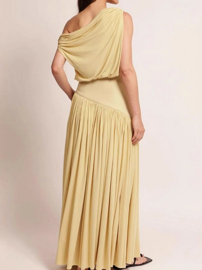 New Skew Collar Patchwork Simple Holiday Dress, Women Summer Sleeveless Solid Chic Party Dress, Casual Elegant Ladies Dress