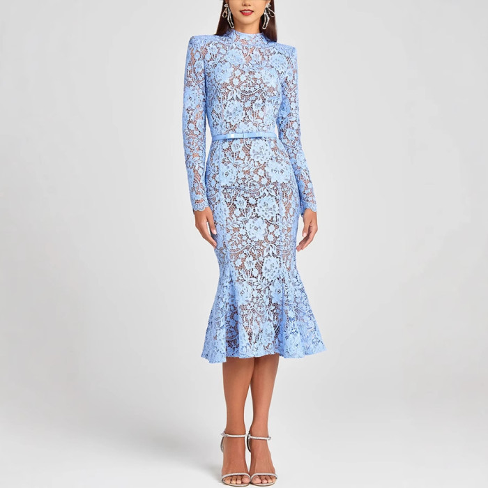 Women's Light Blue Lace Long Sleeve High Neck Belted Mermaid Hem Elegant Evening Party Cocktail Midi Dress