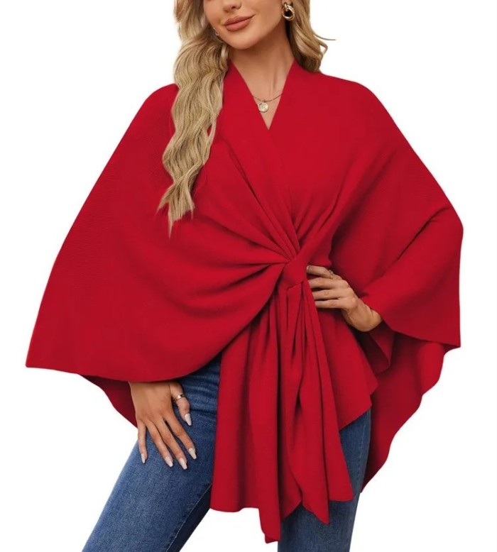 Elegant Soft One-Piece Pure Color Ladies Shawl Jacket Coat Comfortable Full Sleeve Crew Neck Pullover Top for Women