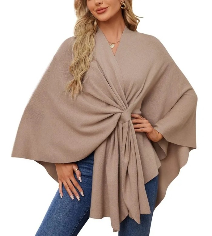 Elegant Soft One-Piece Pure Color Ladies Shawl Jacket Coat Comfortable Full Sleeve Crew Neck Pullover Top for Women