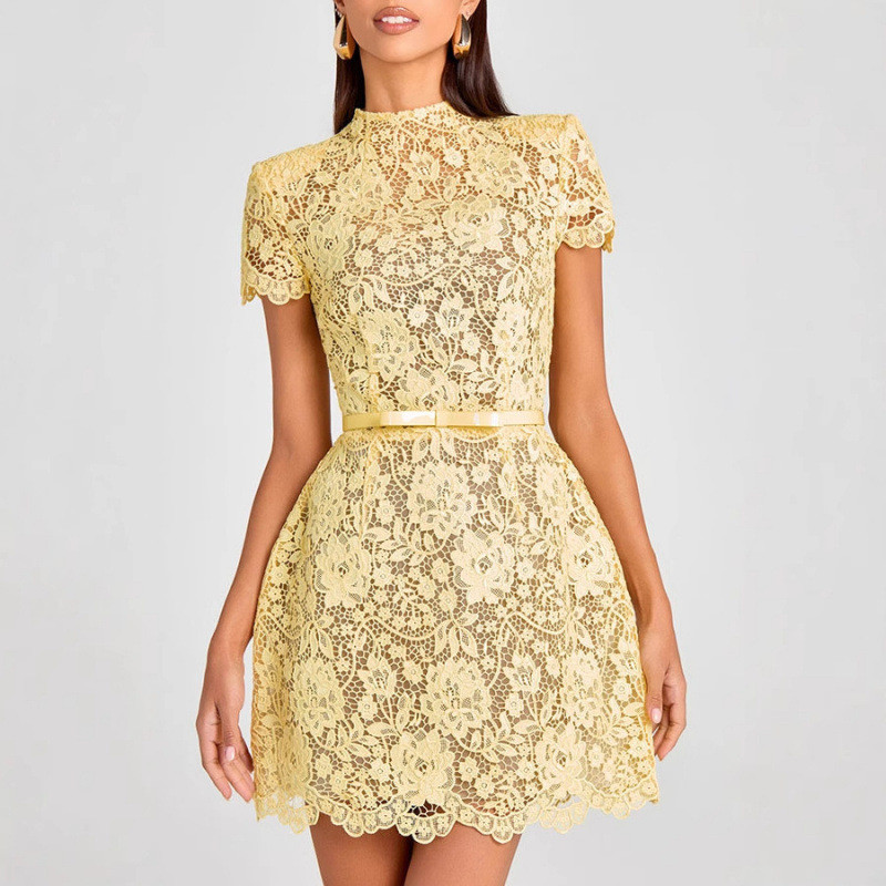 Chic Butter Yellow Lace Print Mini Dress Women's Elegant Short Sleeve O-neck High Waist Gowns Lady Holidays Street Vestidos