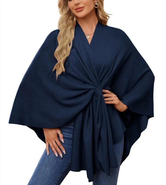 Elegant Soft One-Piece Pure Color Ladies Shawl Jacket Coat Comfortable Full Sleeve Crew Neck Pullover Top for Women