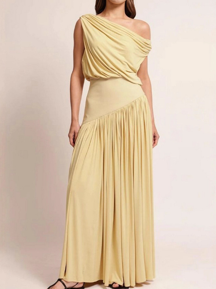 New Skew Collar Patchwork Simple Holiday Dress, Women Summer Sleeveless Solid Chic Party Dress, Casual Elegant Ladies Dress