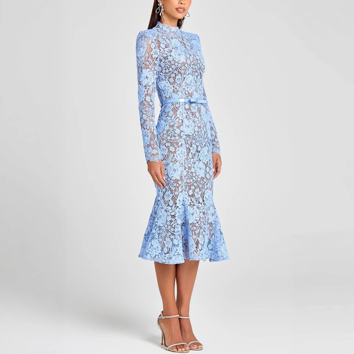 Women's Light Blue Lace Long Sleeve High Neck Belted Mermaid Hem Elegant Evening Party Cocktail Midi Dress