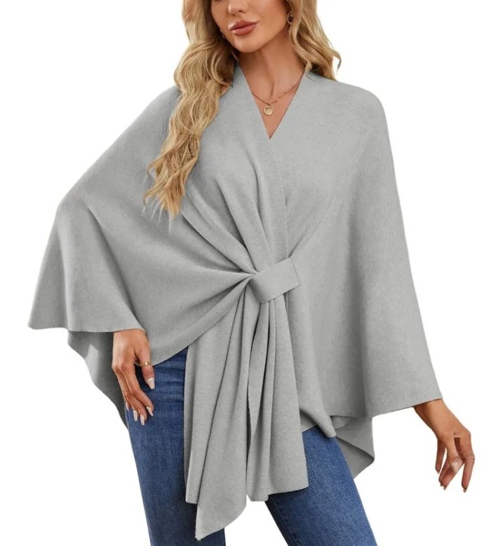 Elegant Soft One-Piece Pure Color Ladies Shawl Jacket Coat Comfortable Full Sleeve Crew Neck Pullover Top for Women