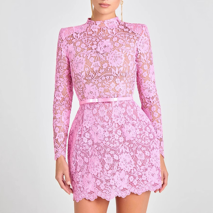 Spring Jacquard See Through Hollow Out Lace Dress Woman Sexy Full Sleeve Slim Party Dress Vacation O Neck Embroidered Mini Dress