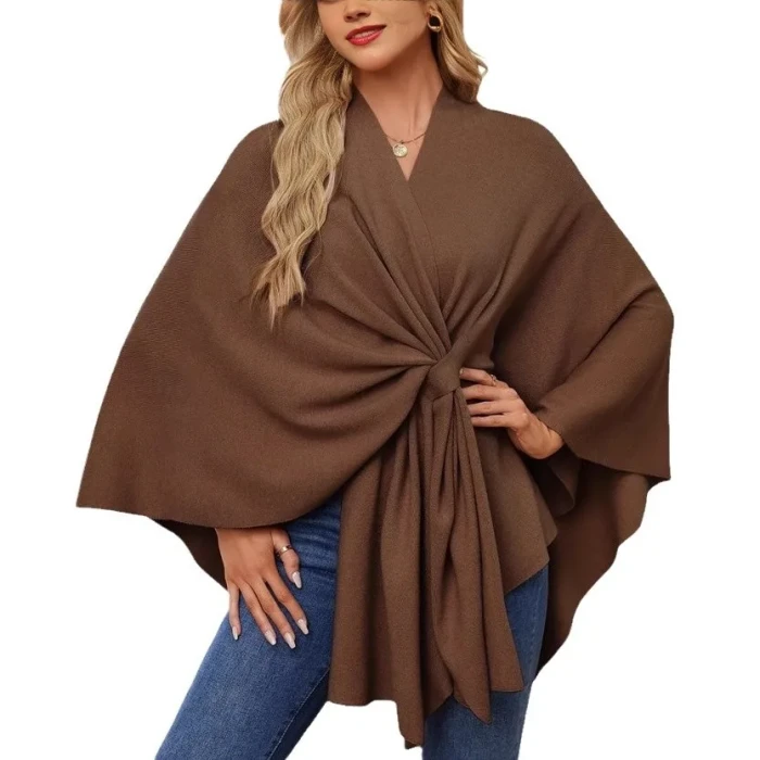 Elegant Soft One-Piece Pure Color Ladies Shawl Jacket Coat Comfortable Full Sleeve Crew Neck Pullover Top for Women
