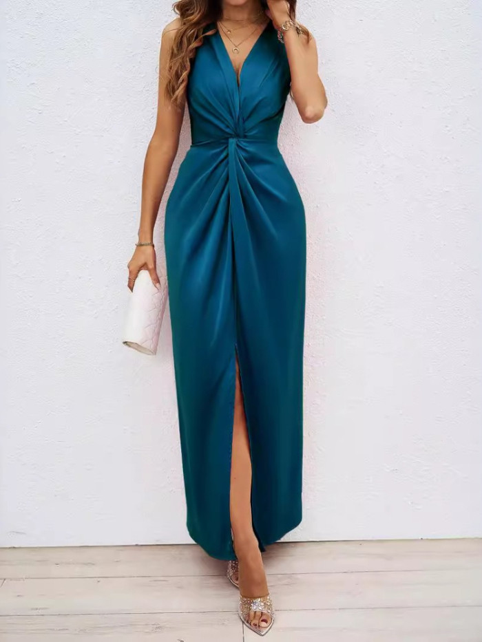 Fashion Women's Wear Elegant Twisted Sleeveless V-neck Split Slim Fit Temperament Commuting Style Sexy Dress