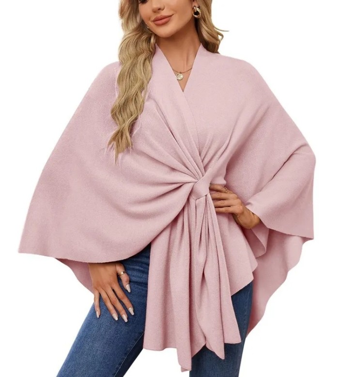Elegant Soft One-Piece Pure Color Ladies Shawl Jacket Coat Comfortable Full Sleeve Crew Neck Pullover Top for Women