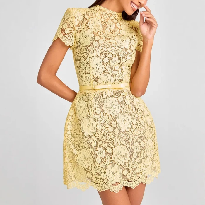 Chic Butter Yellow Lace Print Mini Dress Women's Elegant Short Sleeve O-neck High Waist Gowns Lady Holidays Street Vestidos