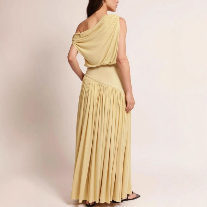New Skew Collar Patchwork Simple Holiday Dress, Women Summer Sleeveless Solid Chic Party Dress, Casual Elegant Ladies Dress