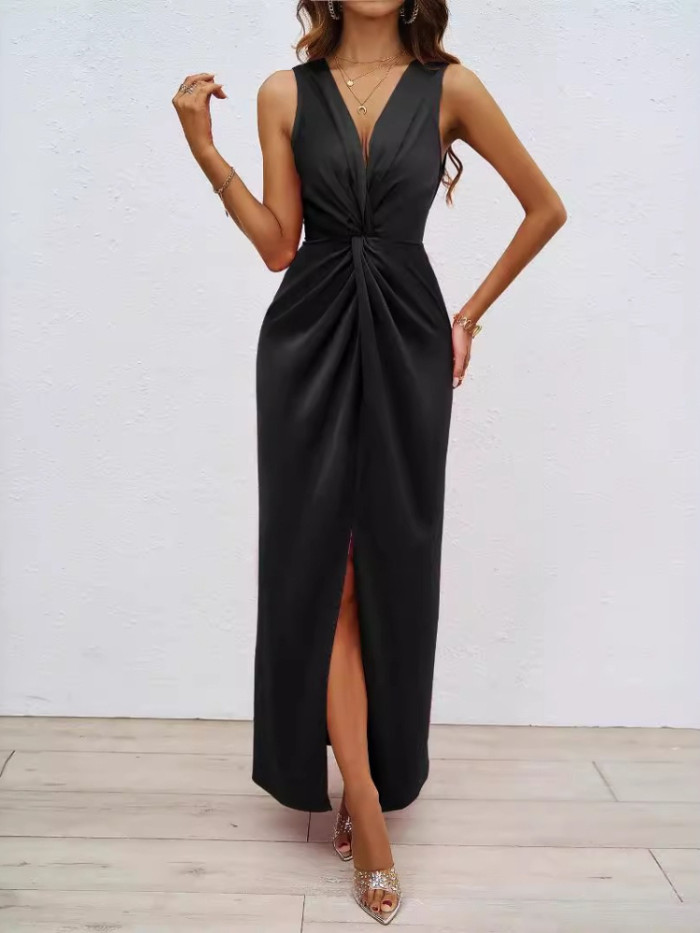 Fashion Women's Wear Elegant Twisted Sleeveless V-neck Split Slim Fit Temperament Commuting Style Sexy Dress