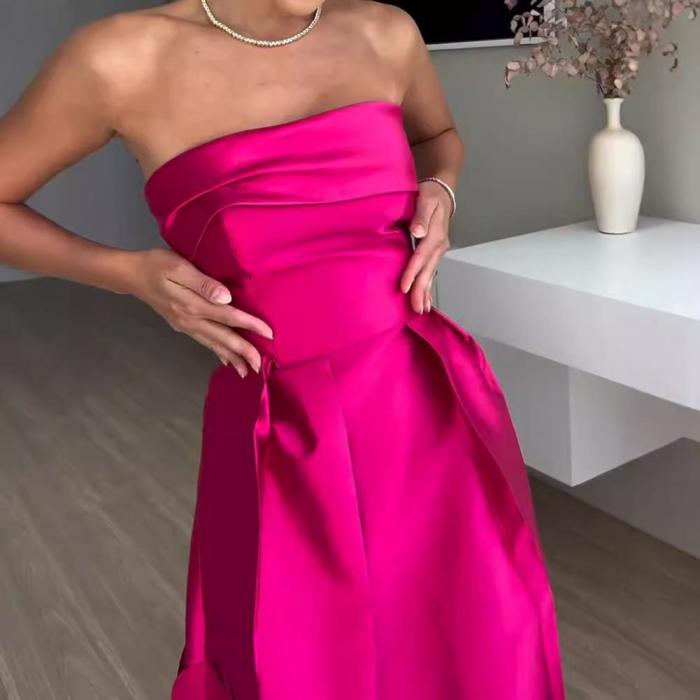 Women Evening Dress Satin Off-Shoulder Sleeveless A Line Lady Maxi Dress Sexy Hollow Out Prom Wedding Party Female Dress