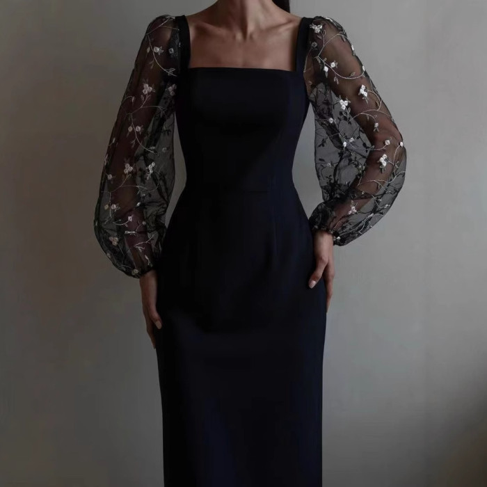 Elegant Dresses Woman Temperament Vestidos Largos French Dress Simple Style Solid Color Package Hip Patchwork Puff Sleeves