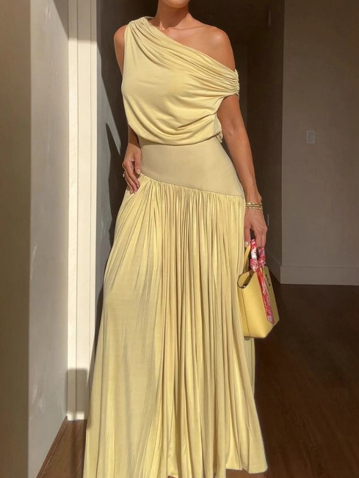 New Skew Collar Patchwork Simple Holiday Dress, Women Summer Sleeveless Solid Chic Party Dress, Casual Elegant Ladies Dress
