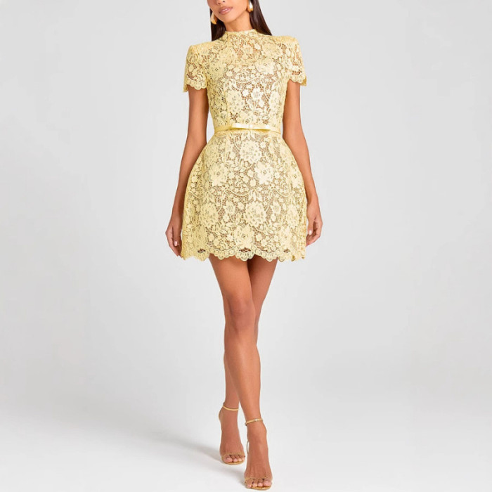 Chic Butter Yellow Lace Print Mini Dress Women's Elegant Short Sleeve O-neck High Waist Gowns Lady Holidays Street Vestidos