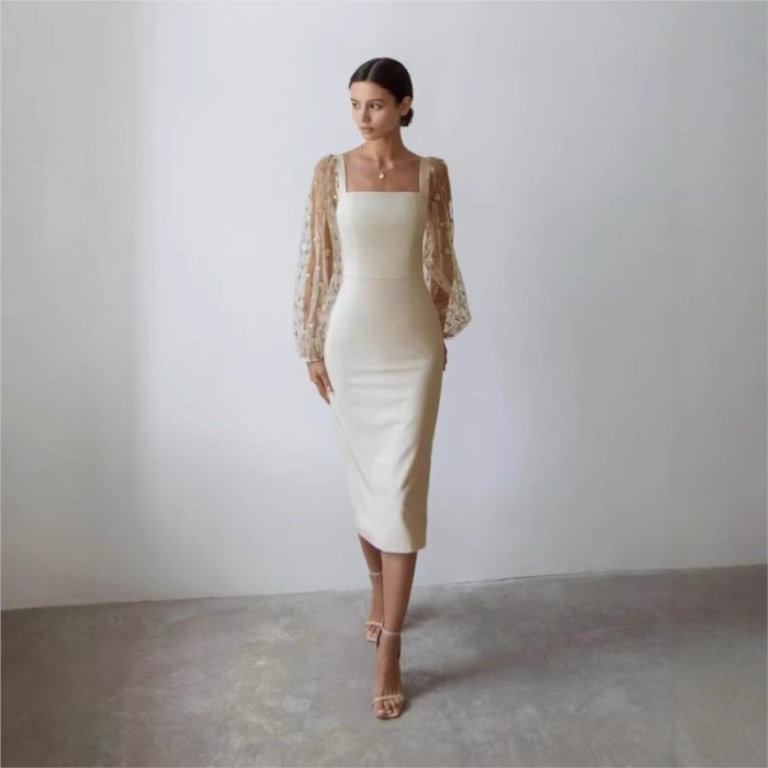 Elegant Dresses Woman Temperament Vestidos Largos French Dress Simple Style Solid Color Package Hip Patchwork Puff Sleeves