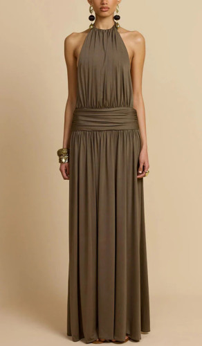 Elegant Halter Backless Maxi Dresses Women's Sexy Sleeveless Pleated Long Dress Summer New Beach Vacation Robes Outfit For Woman