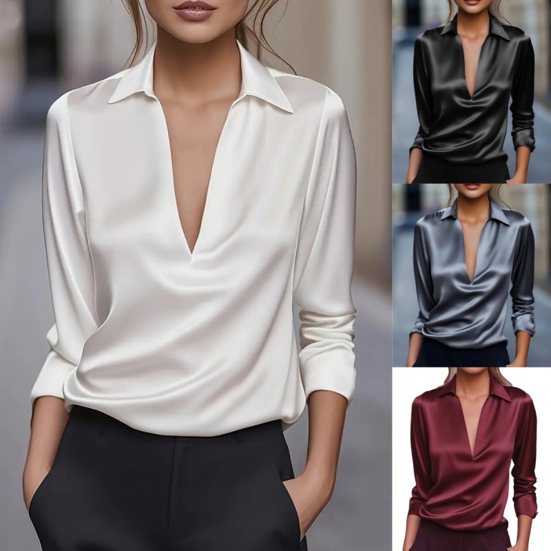 New Autumn Temperament Long Sleeve Simple V Neck Women Shirt Elegant Office Wear Blouse Fashion Top Casual Business Style